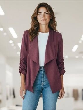 Baccini - Open Draped Front Jacket: XL Plum Burgundy, Faux Suede Coat - NWT